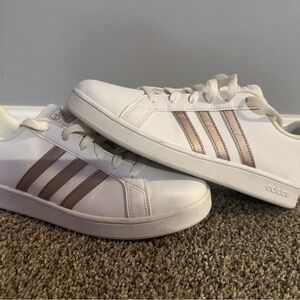 Adidas Women's White and Metallic Pink Sneakers